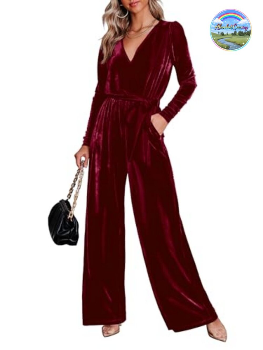 Velvet Long Sleeve Wide Leg Jumpsuit for Women V-Neck Belted One Piece Fall